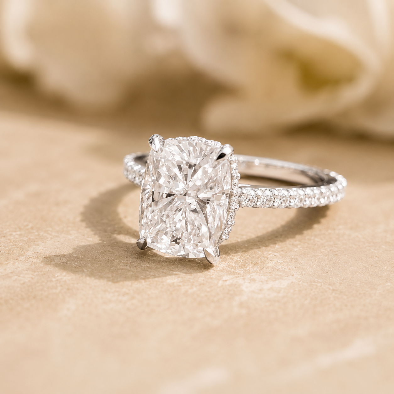 3.08 CT Cushion Cut Lab-Grown Diamond Hidden Halo Engagement Ring in 14K White Gold – Ice Crushed Bridal Design