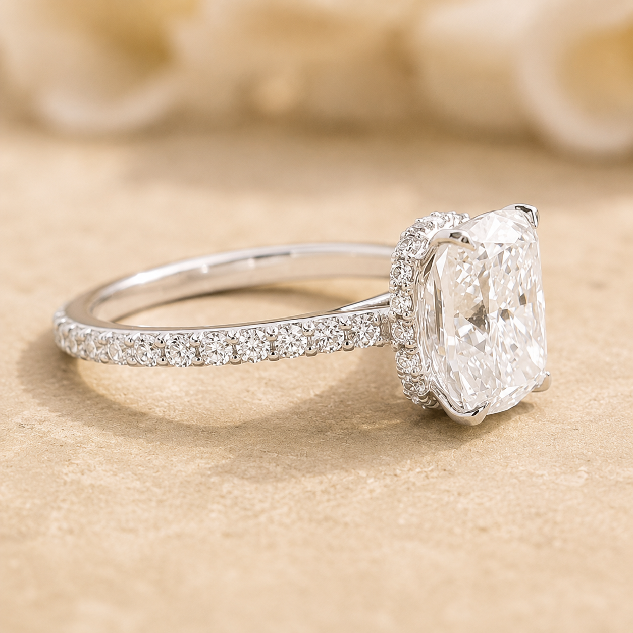 3.08 CT Cushion Cut Lab-Grown Diamond Hidden Halo Engagement Ring in 14K White Gold – Ice Crushed Bridal Design