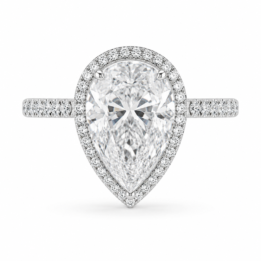 4.00 CT Pear Cut Lab-Grown Diamond Double Hidden Halo Engagement Ring in 14K White Gold – Teardrop Halo Design