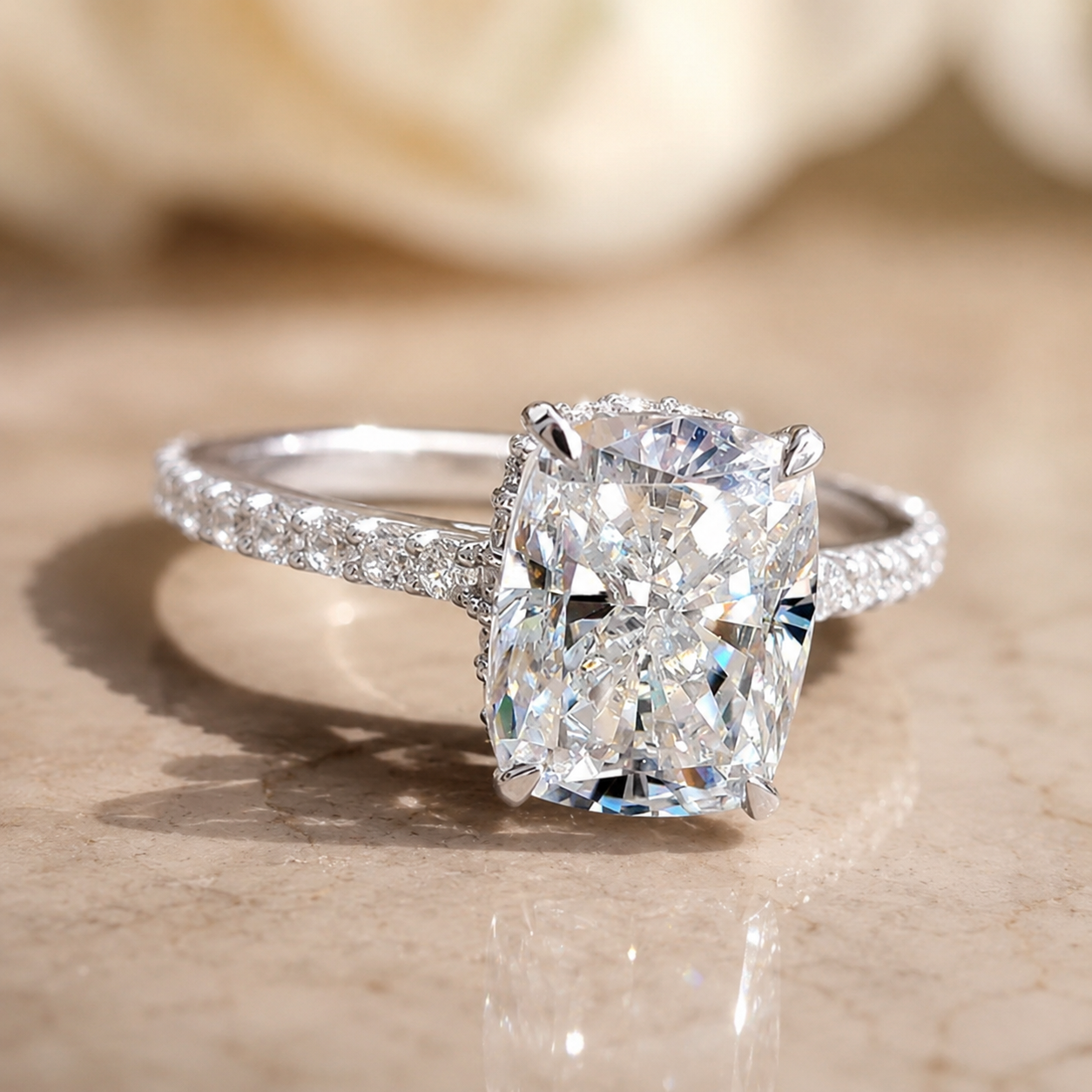 3.08 CT Cushion Cut Lab-Grown Diamond Hidden Halo Engagement Ring in 14K White Gold – Ice Crushed Bridal Design