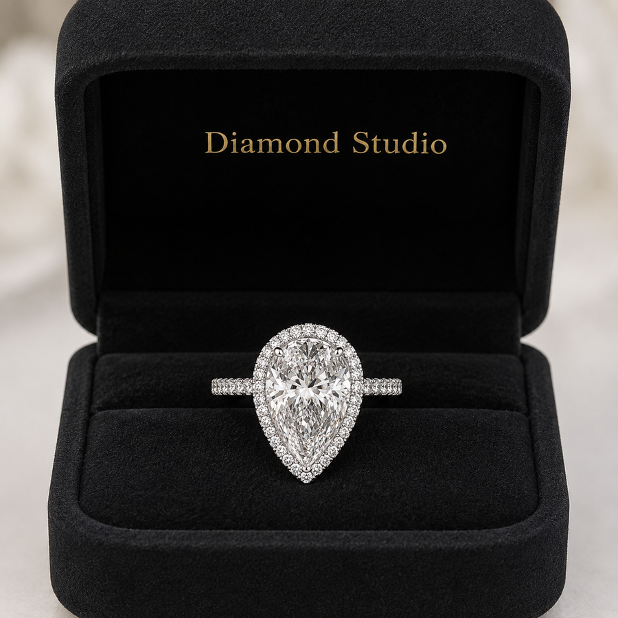 4.00 CT Pear Cut Lab-Grown Diamond Double Hidden Halo Engagement Ring in 14K White Gold – Teardrop Halo Design