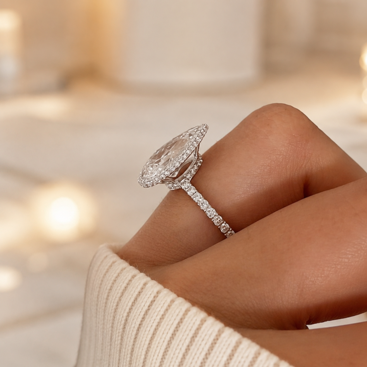 4.00 CT Pear Cut Lab-Grown Diamond Double Hidden Halo Engagement Ring in 14K White Gold – Teardrop Halo Design