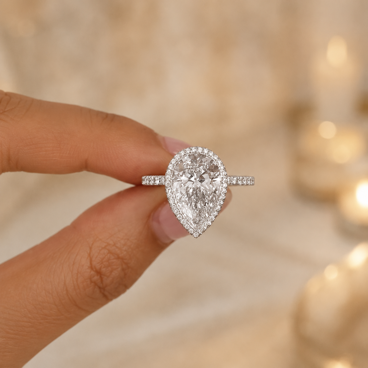 4.00 CT Pear Cut Lab-Grown Diamond Double Hidden Halo Engagement Ring in 14K White Gold – Teardrop Halo Design