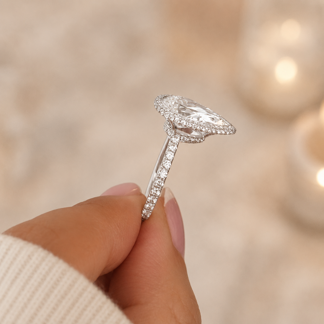 4.00 CT Pear Cut Lab-Grown Diamond Double Hidden Halo Engagement Ring in 14K White Gold – Teardrop Halo Design