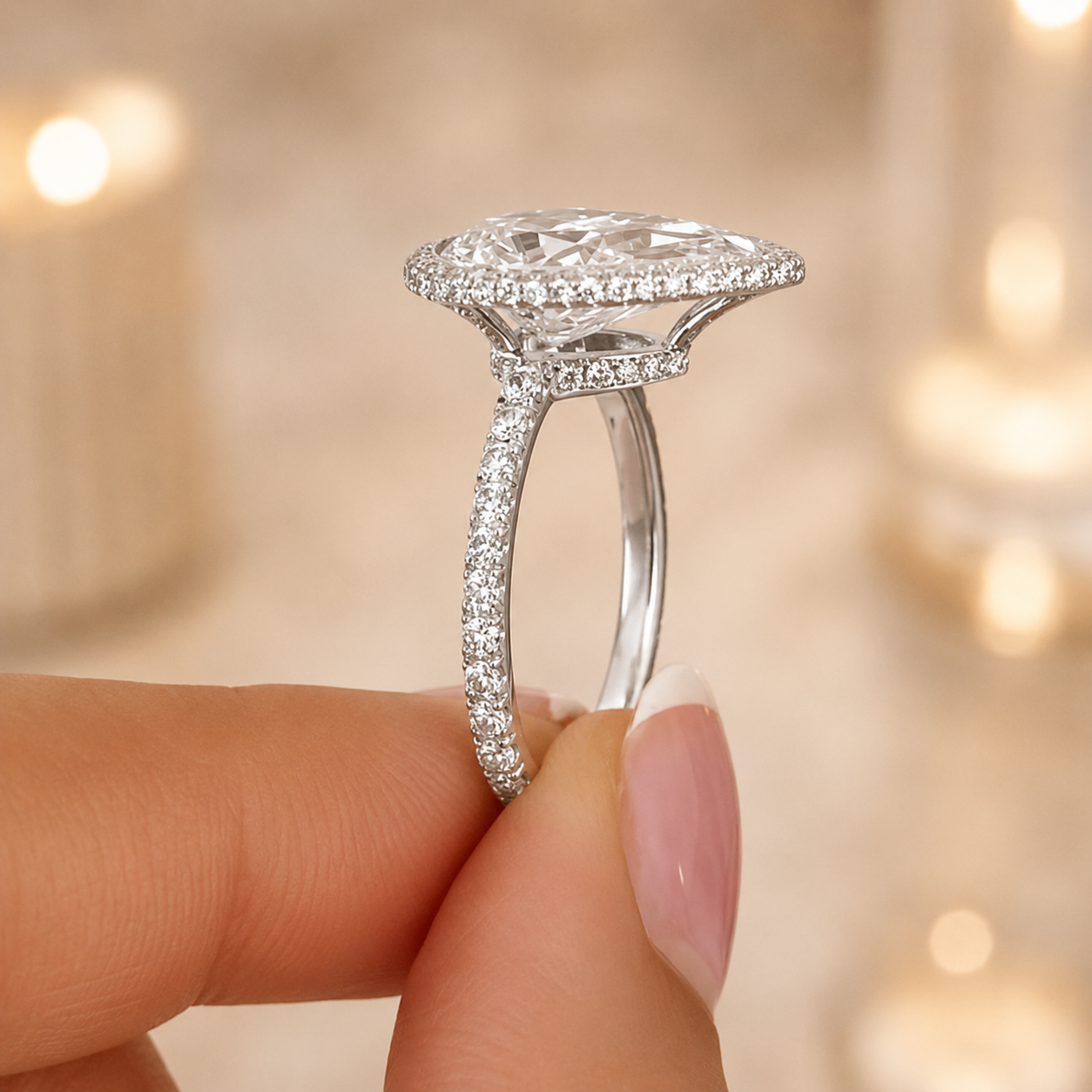 4.00 CT Pear Cut Lab-Grown Diamond Double Hidden Halo Engagement Ring in 14K White Gold – Teardrop Halo Design