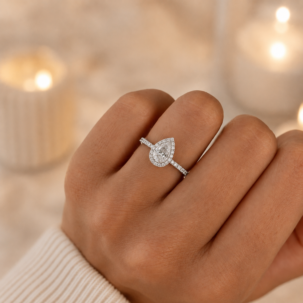 4.00 CT Pear Cut Lab-Grown Diamond Double Hidden Halo Engagement Ring in 14K White Gold – Teardrop Halo Design