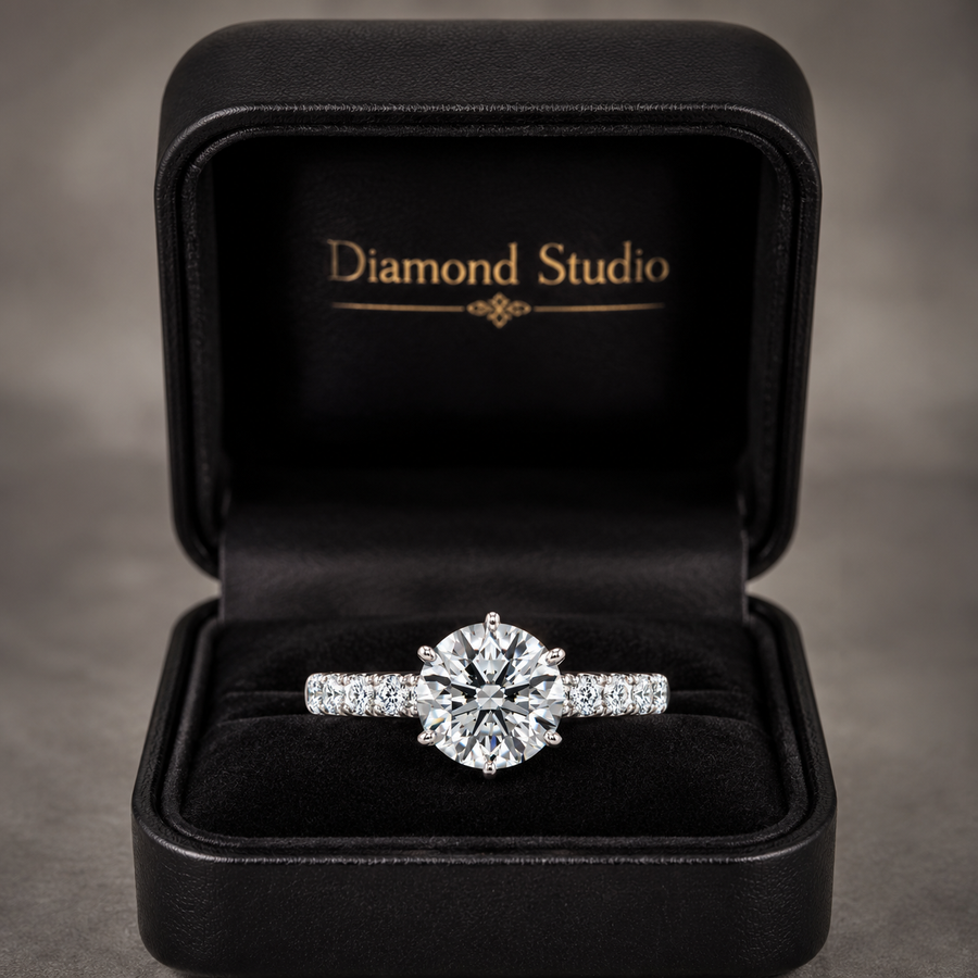 3.00 CT Round Brilliant Lab-Grown Diamond Hidden Halo Engagement Ring in 14K White Gold – 6 Prong Pavé Set Design
