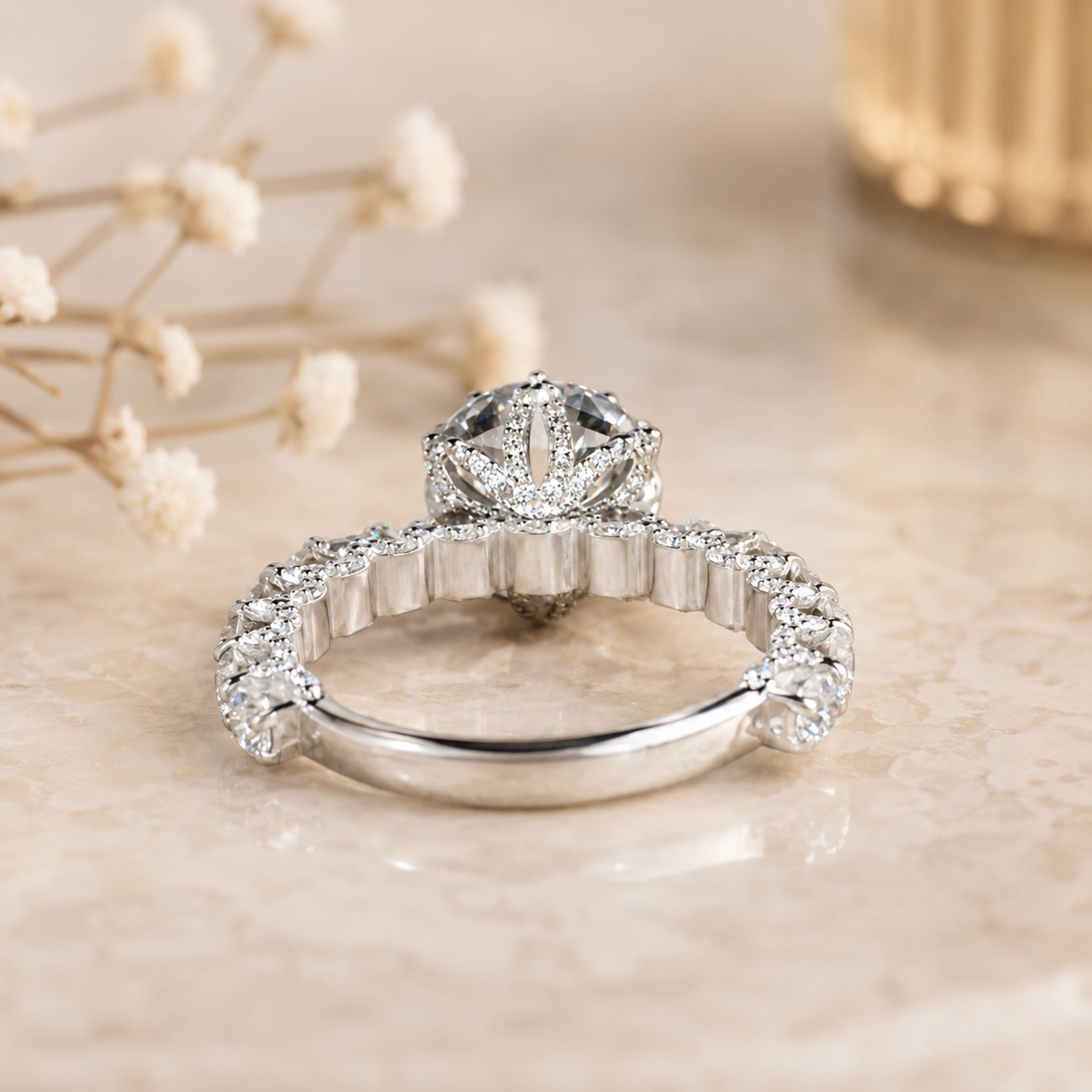 3.00 CT Round Brilliant Lab-Grown Diamond Hidden Halo Engagement Ring in 14K White Gold – 6 Prong Pavé Set Design