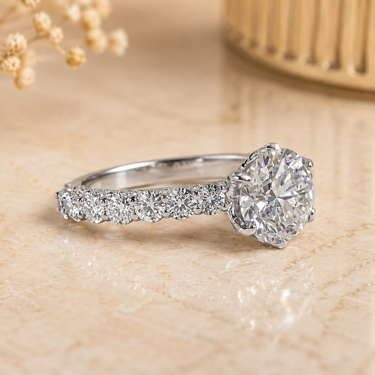 3.00 CT Round Brilliant Lab-Grown Diamond Hidden Halo Engagement Ring in 14K White Gold – 6 Prong Pavé Set Design