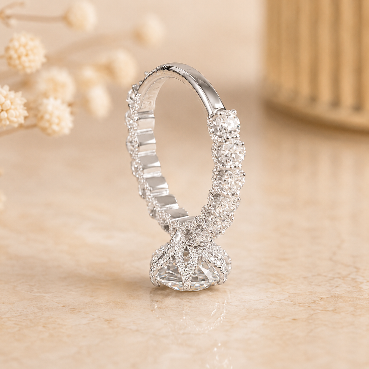 3.00 CT Round Brilliant Lab-Grown Diamond Hidden Halo Engagement Ring in 14K White Gold – 6 Prong Pavé Set Design