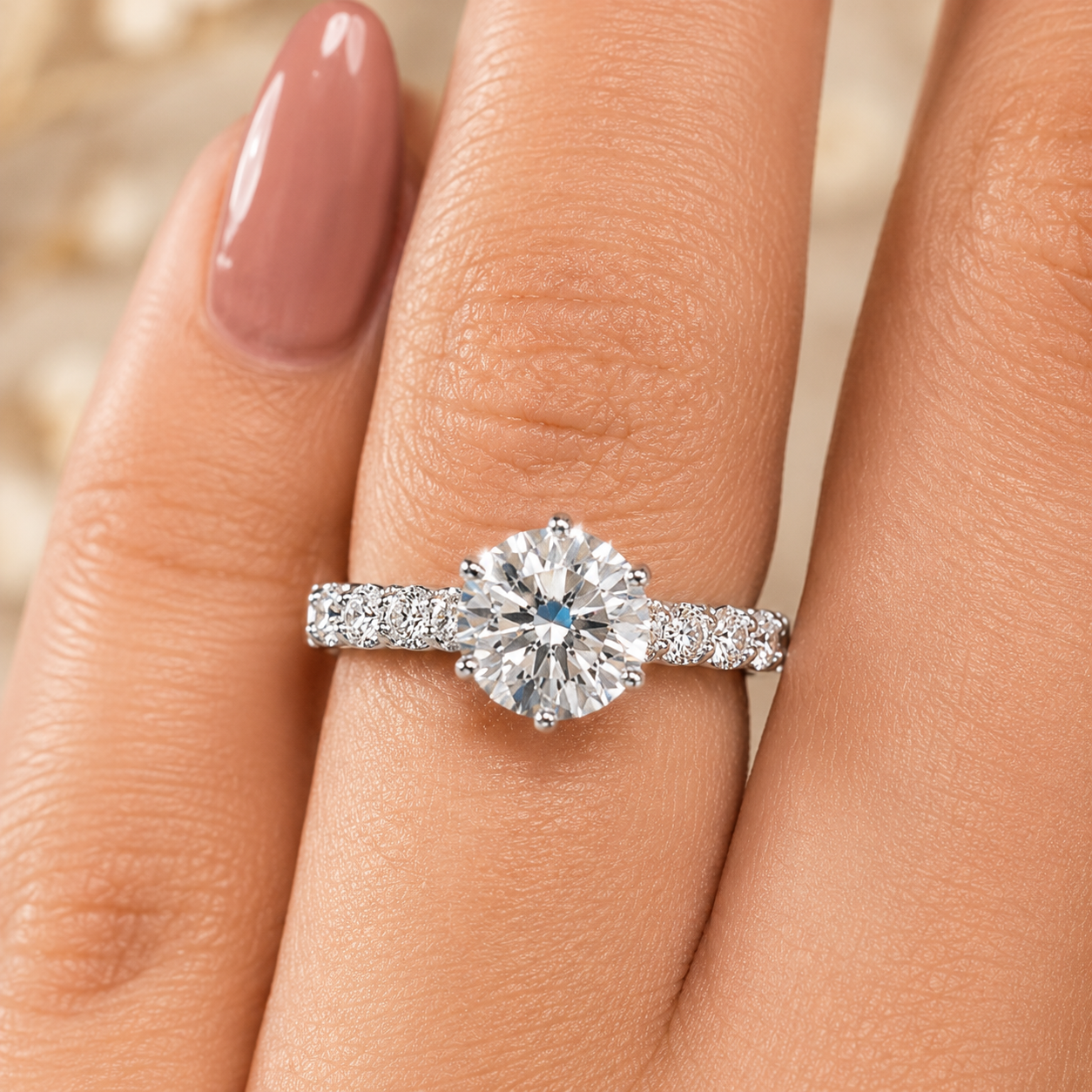 3.00 CT Round Brilliant Lab-Grown Diamond Hidden Halo Engagement Ring in 14K White Gold – 6 Prong Pavé Set Design