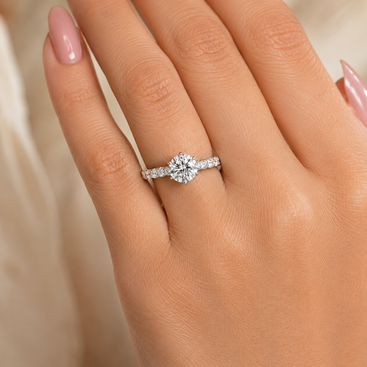 3.00 CT Round Brilliant Lab-Grown Diamond Hidden Halo Engagement Ring in 14K White Gold – 6 Prong Pavé Set Design