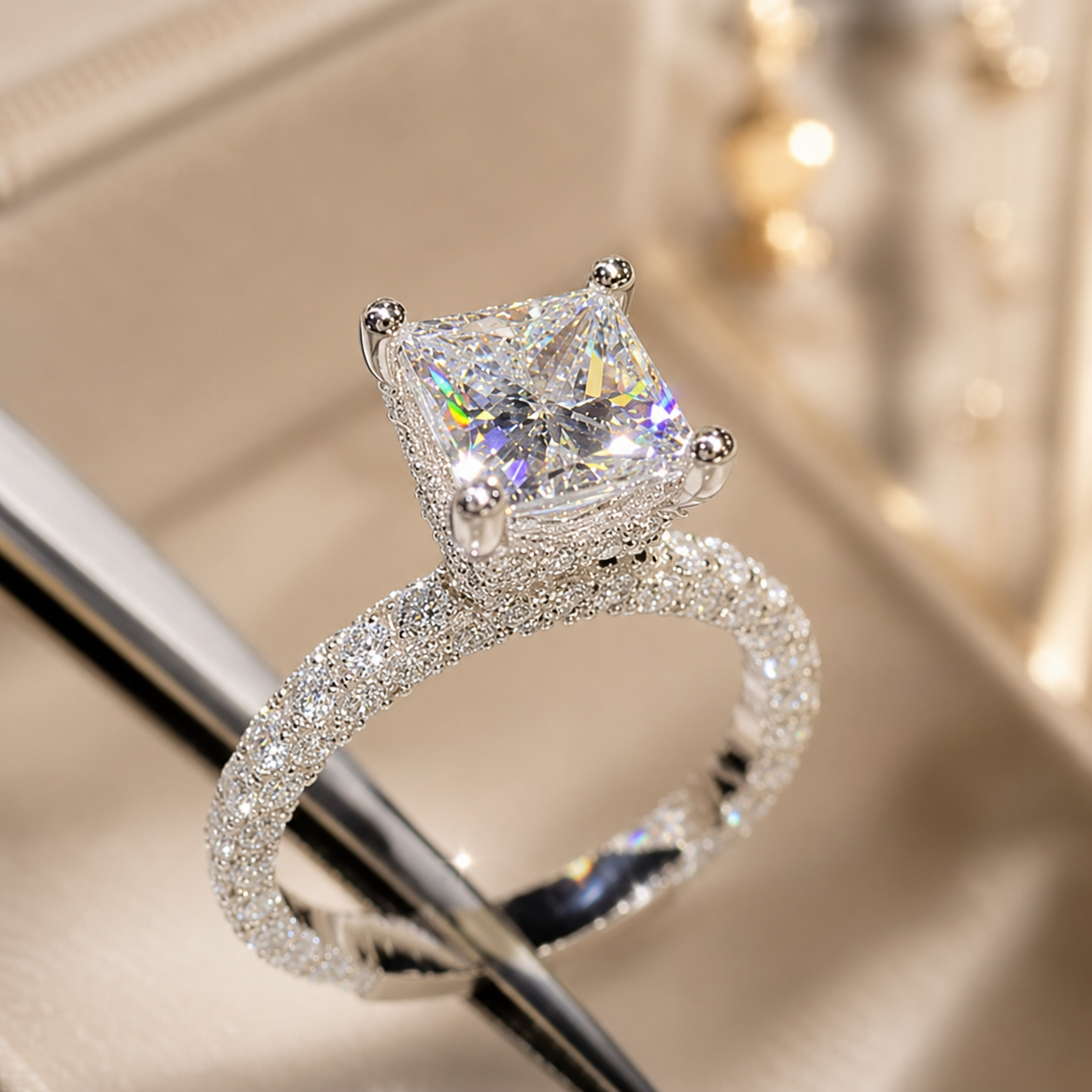 4.00 CT Princess Cut Lab-Grown Diamond Double Hidden Halo Engagement Ring in 14K White Gold – Unique Anniversary Design