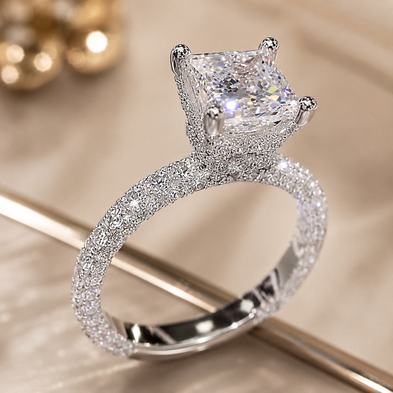 4.00 CT Princess Cut Lab-Grown Diamond Double Hidden Halo Engagement Ring in 14K White Gold – Unique Anniversary Design