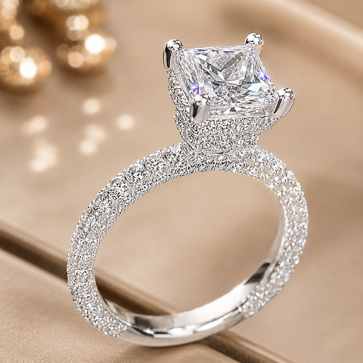 4.00 CT Princess Cut Lab-Grown Diamond Double Hidden Halo Engagement Ring in 14K White Gold – Unique Anniversary Design