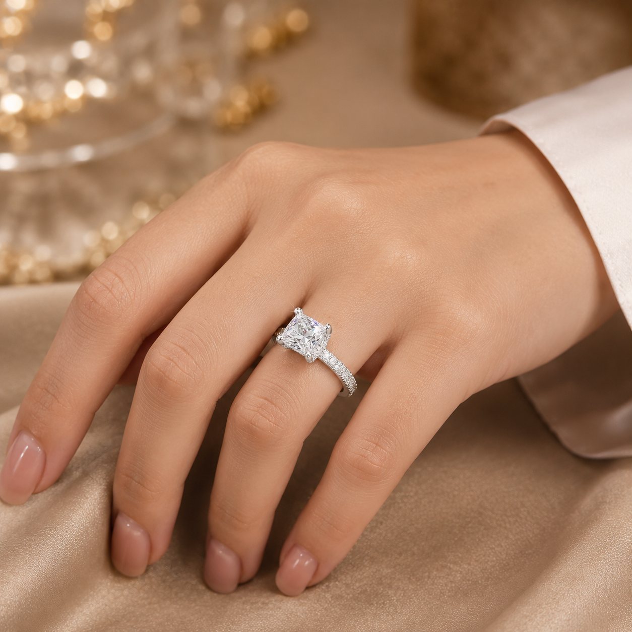 4.00 CT Princess Cut Lab-Grown Diamond Double Hidden Halo Engagement Ring in 14K White Gold – Unique Anniversary Design