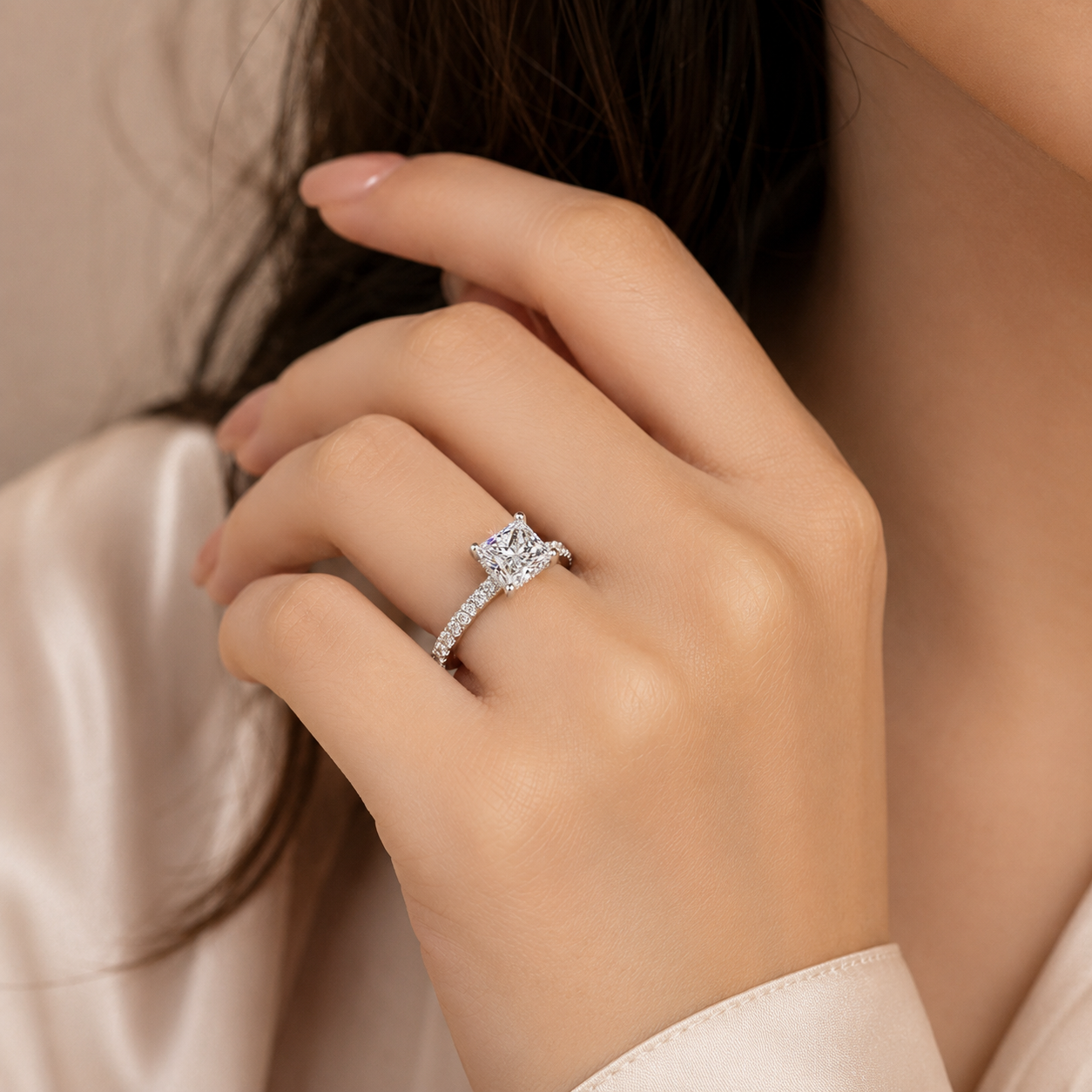 4.00 CT Princess Cut Lab-Grown Diamond Double Hidden Halo Engagement Ring in 14K White Gold – Unique Anniversary Design