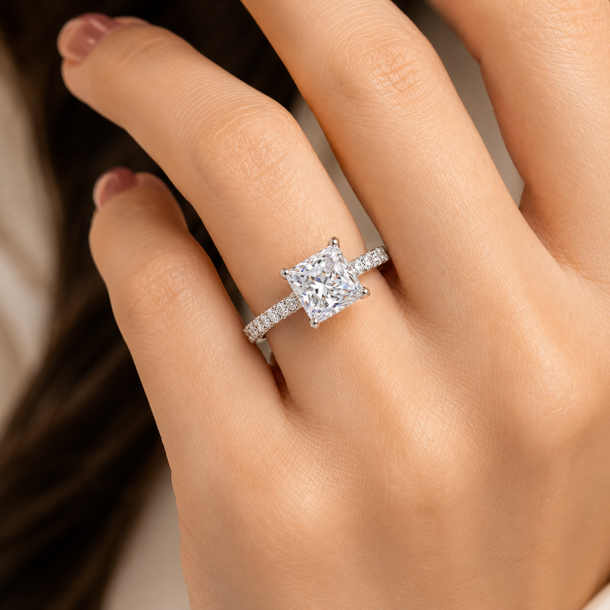 4.00 CT Princess Cut Lab-Grown Diamond Double Hidden Halo Engagement Ring in 14K White Gold – Unique Anniversary Design