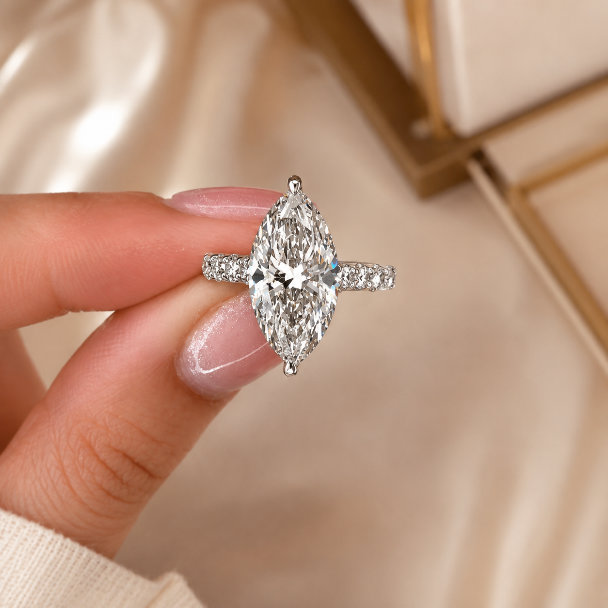 4.00 CT Marquise Cut Lab-Grown Diamond Hidden Halo Solitaire Engagement Ring in 14K White Gold – Promise & Anniversary Design