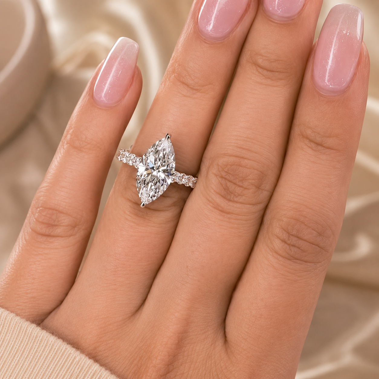 4.00 CT Marquise Cut Lab-Grown Diamond Hidden Halo Solitaire Engagement Ring in 14K White Gold – Promise & Anniversary Design