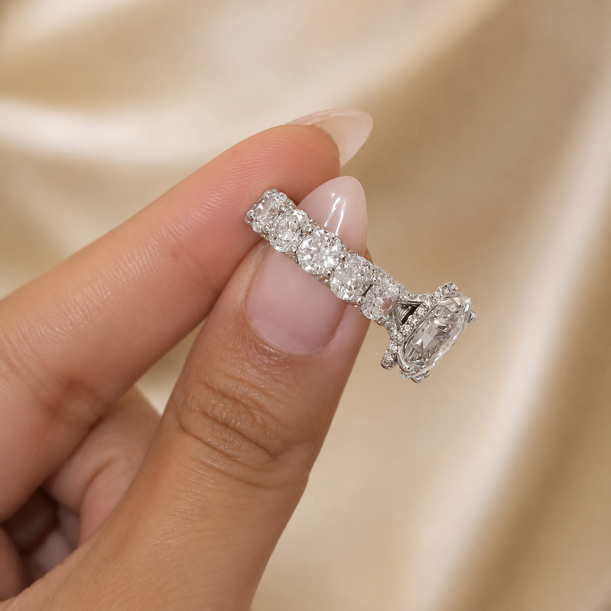 3.50 CT Oval Lab-Grown Diamond Hidden Halo Engagement Ring in 14K White Gold – Micro Pavé Band Design