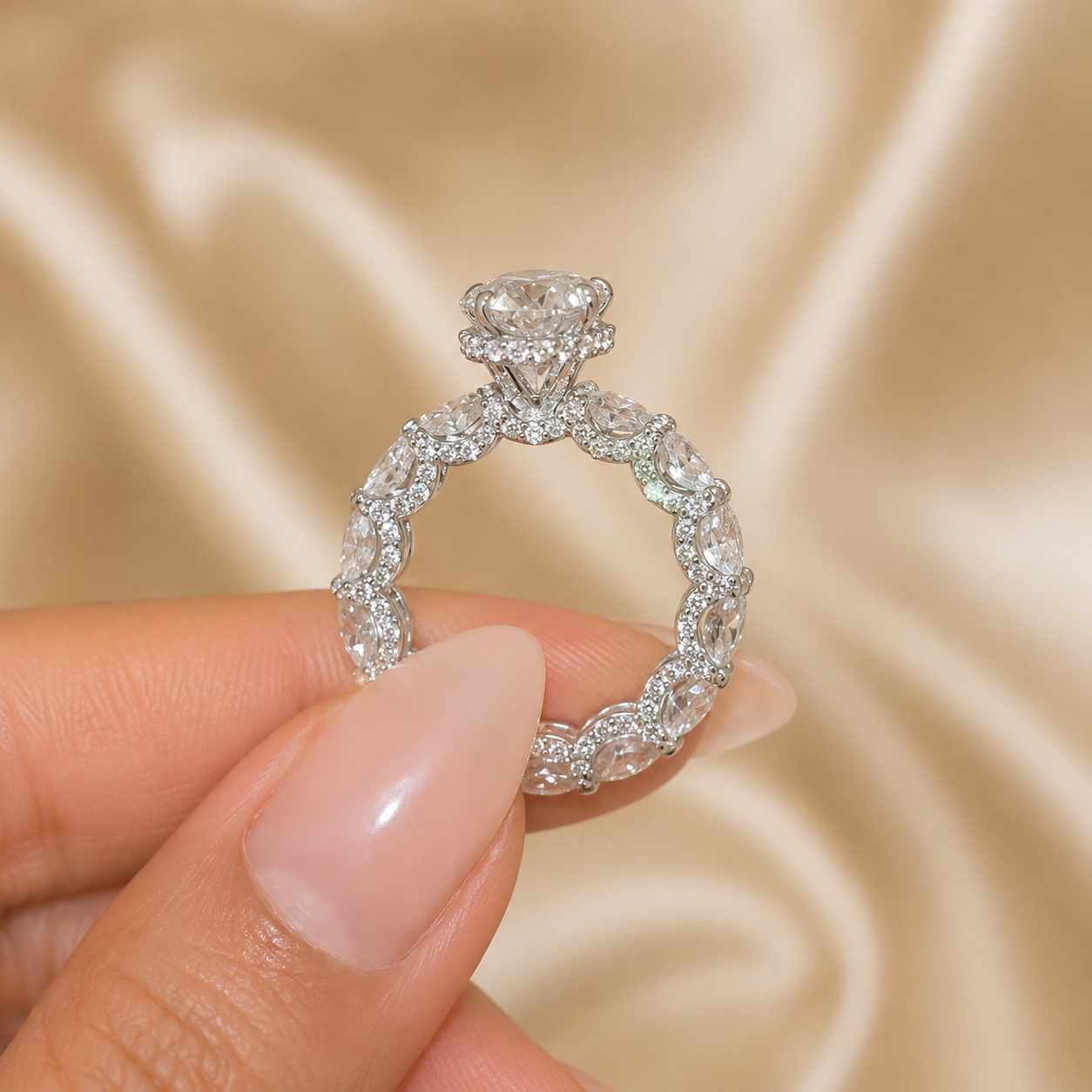 3.50 CT Oval Lab-Grown Diamond Hidden Halo Engagement Ring in 14K White Gold – Micro Pavé Band Design