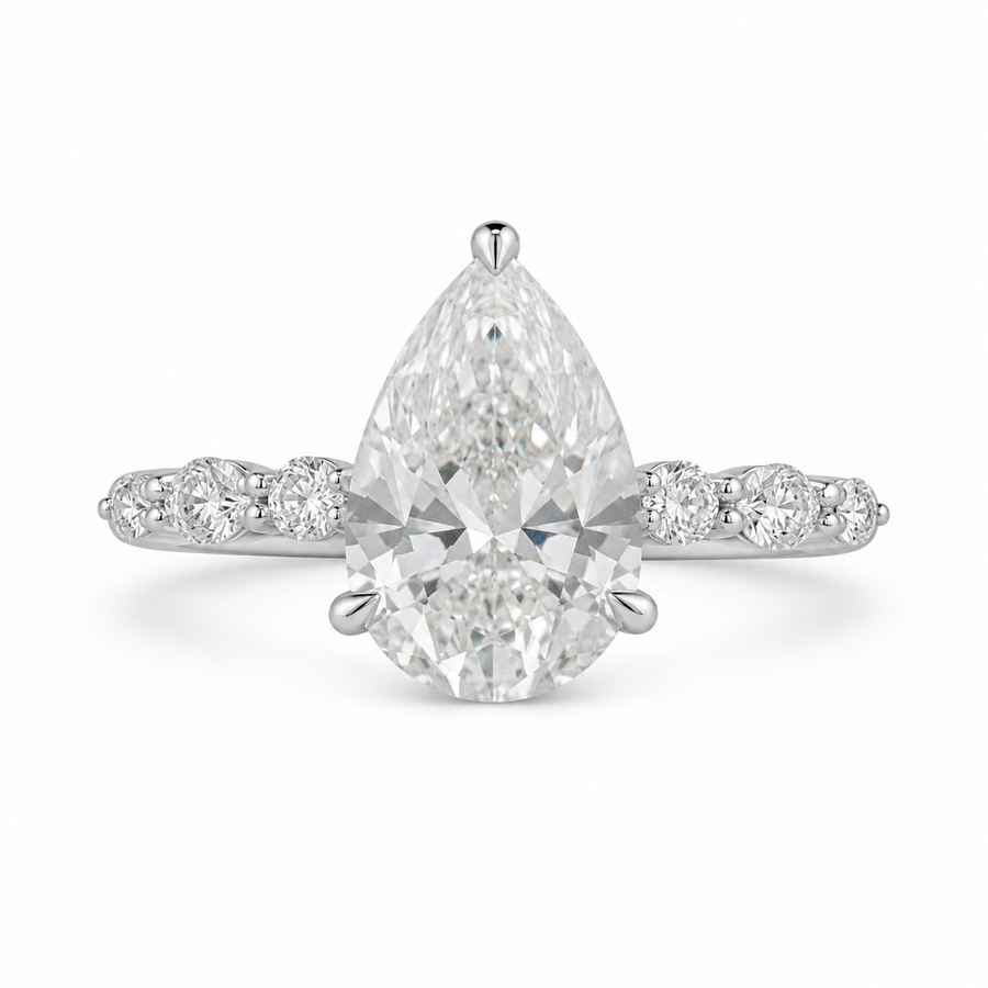 2.25 CT Pear Lab-Grown Diamond Hidden Halo Engagement Ring in 14K White Gold – Marquise Accent Bridal Design