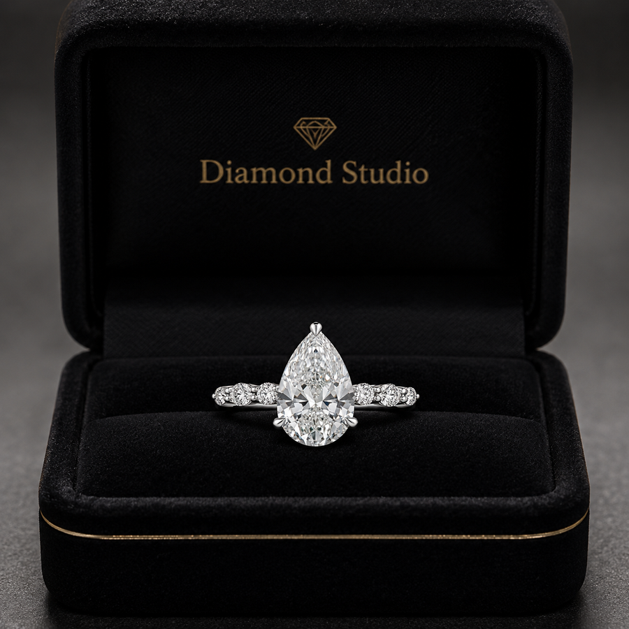 2.25 CT Pear Lab-Grown Diamond Hidden Halo Engagement Ring in 14K White Gold – Marquise Accent Bridal Design