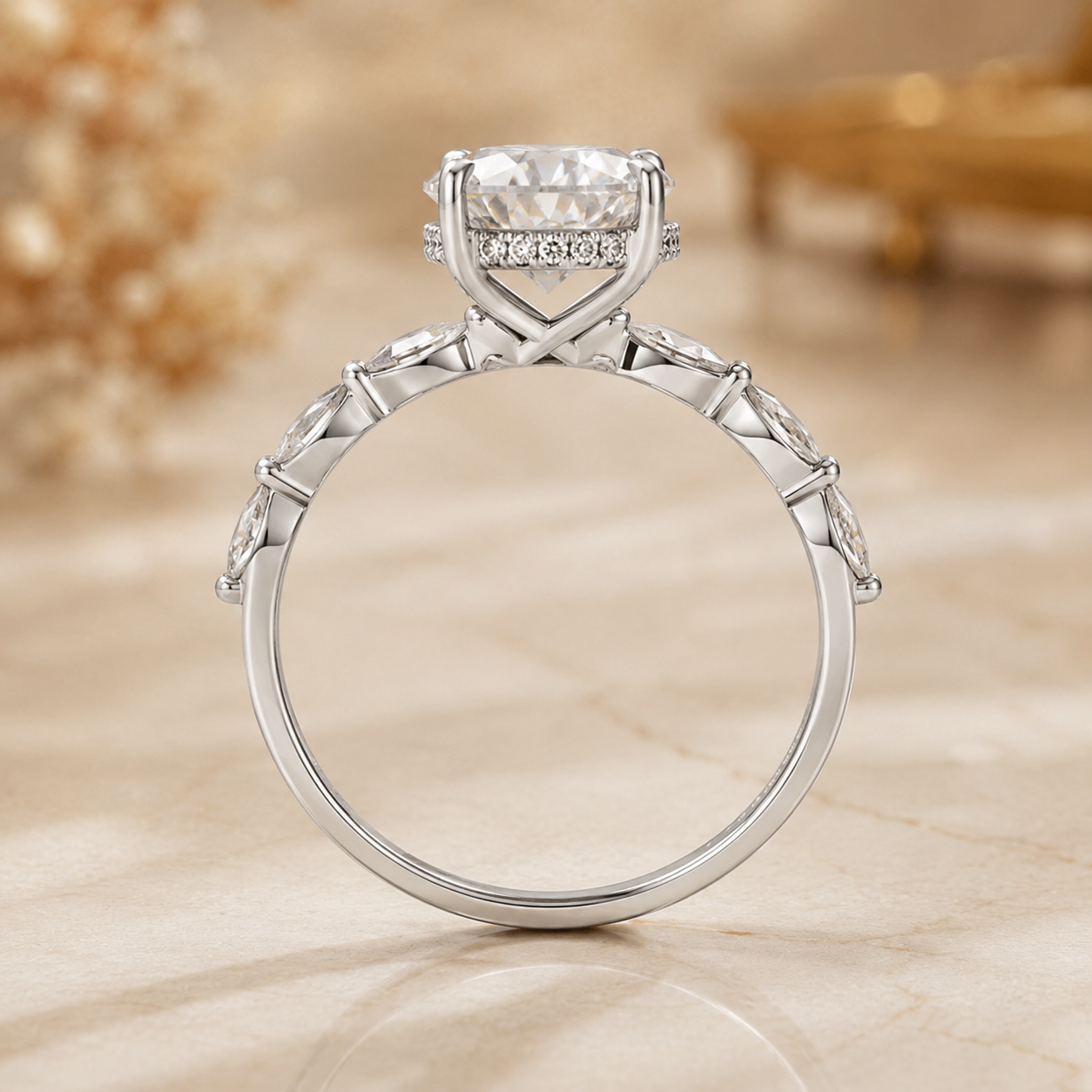 2.25 CT Pear Lab-Grown Diamond Hidden Halo Engagement Ring in 14K White Gold – Marquise Accent Bridal Design