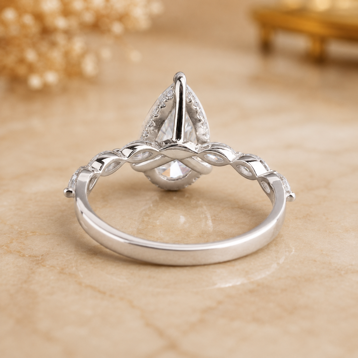 2.25 CT Pear Lab-Grown Diamond Hidden Halo Engagement Ring in 14K White Gold – Marquise Accent Bridal Design