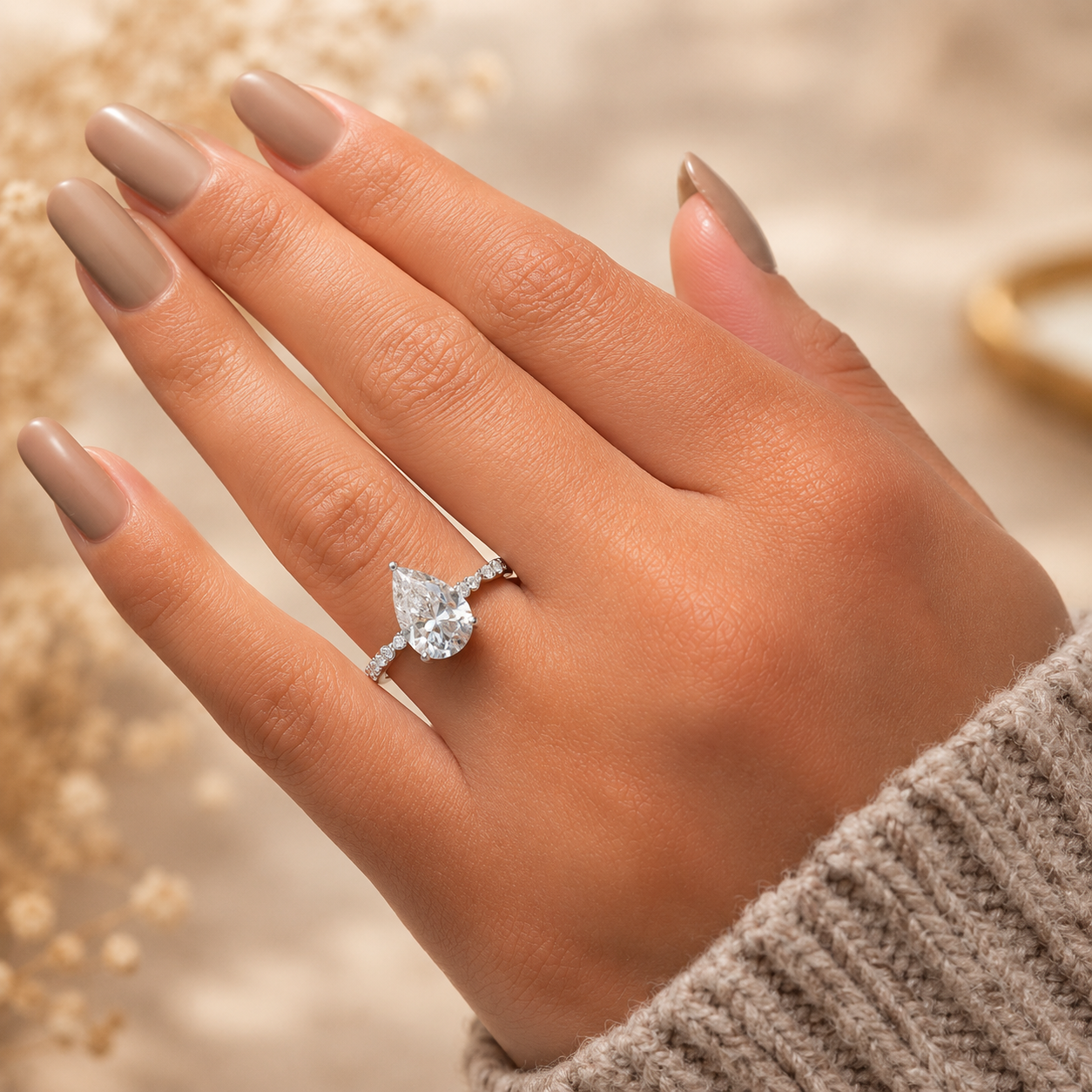 2.25 CT Pear Lab-Grown Diamond Hidden Halo Engagement Ring in 14K White Gold – Marquise Accent Bridal Design