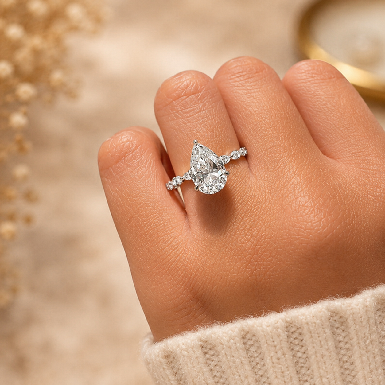 2.25 CT Pear Lab-Grown Diamond Hidden Halo Engagement Ring in 14K White Gold – Marquise Accent Bridal Design