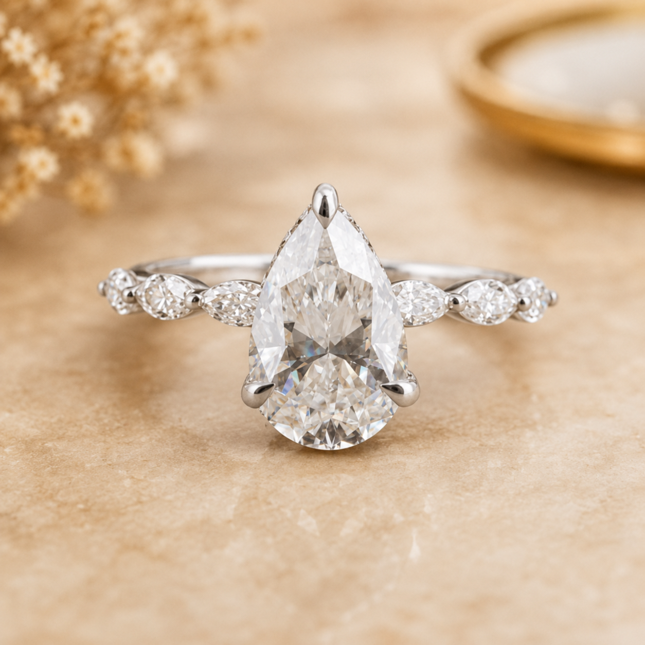 2.25 CT Pear Lab-Grown Diamond Hidden Halo Engagement Ring in 14K White Gold – Marquise Accent Bridal Design