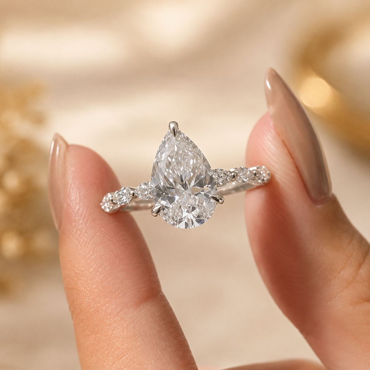 2.25 CT Pear Lab-Grown Diamond Hidden Halo Engagement Ring in 14K White Gold – Marquise Accent Bridal Design