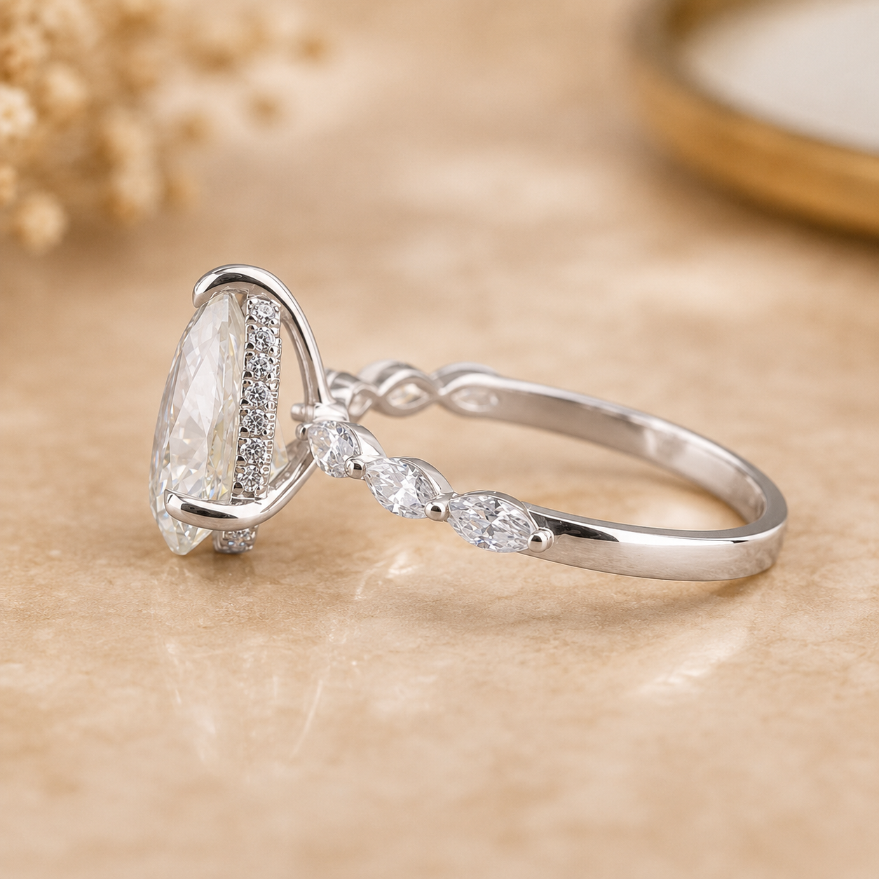 2.25 CT Pear Lab-Grown Diamond Hidden Halo Engagement Ring in 14K White Gold – Marquise Accent Bridal Design