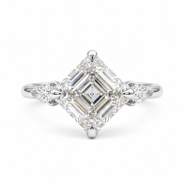 2.00 CT Asscher Cut Lab-Grown Diamond Three Stone Engagement Ring in 14K White Gold â€“ Bezel Set IGI Certified Design from Diamond Studio