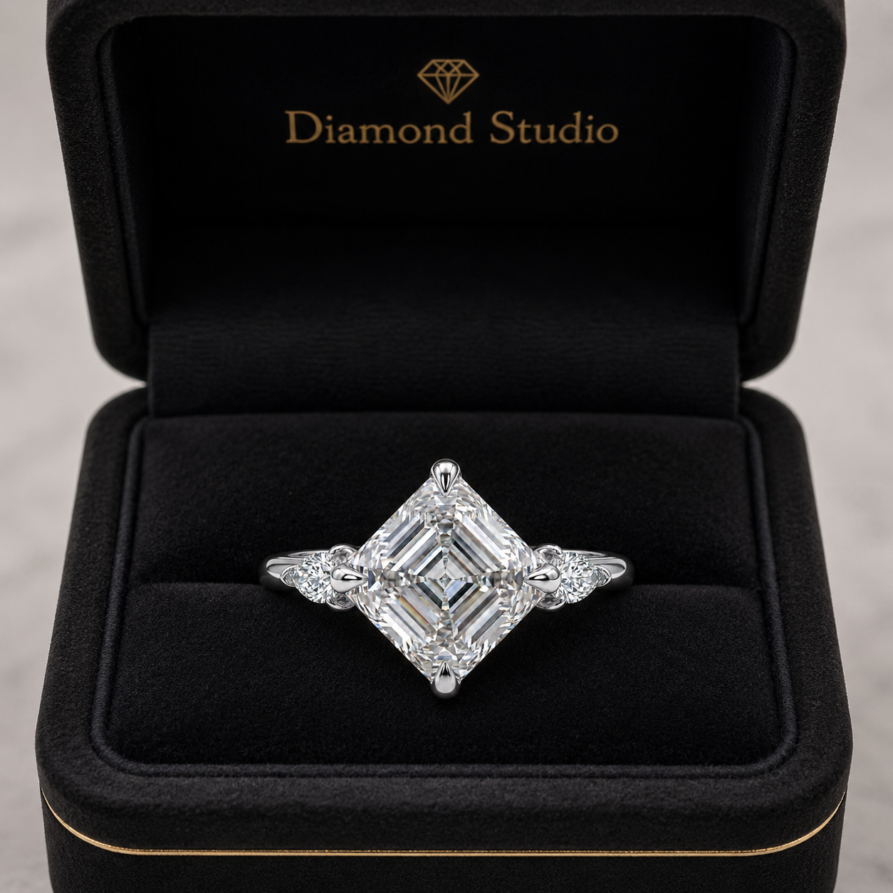 2.00 CT Asscher Cut Lab-Grown Diamond Three Stone Engagement Ring in 14K White Gold – Bezel Set IGI Certified Design