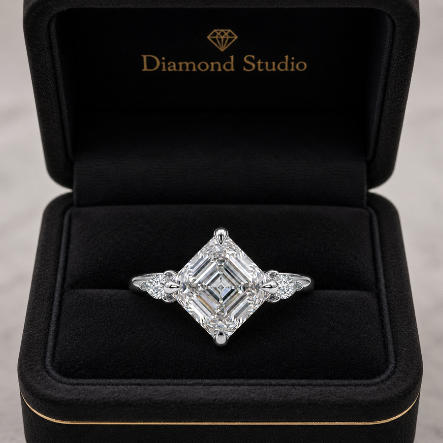 2.00 CT Asscher Cut Lab-Grown Diamond Three Stone Engagement Ring in 14K White Gold – Bezel Set IGI Certified Design