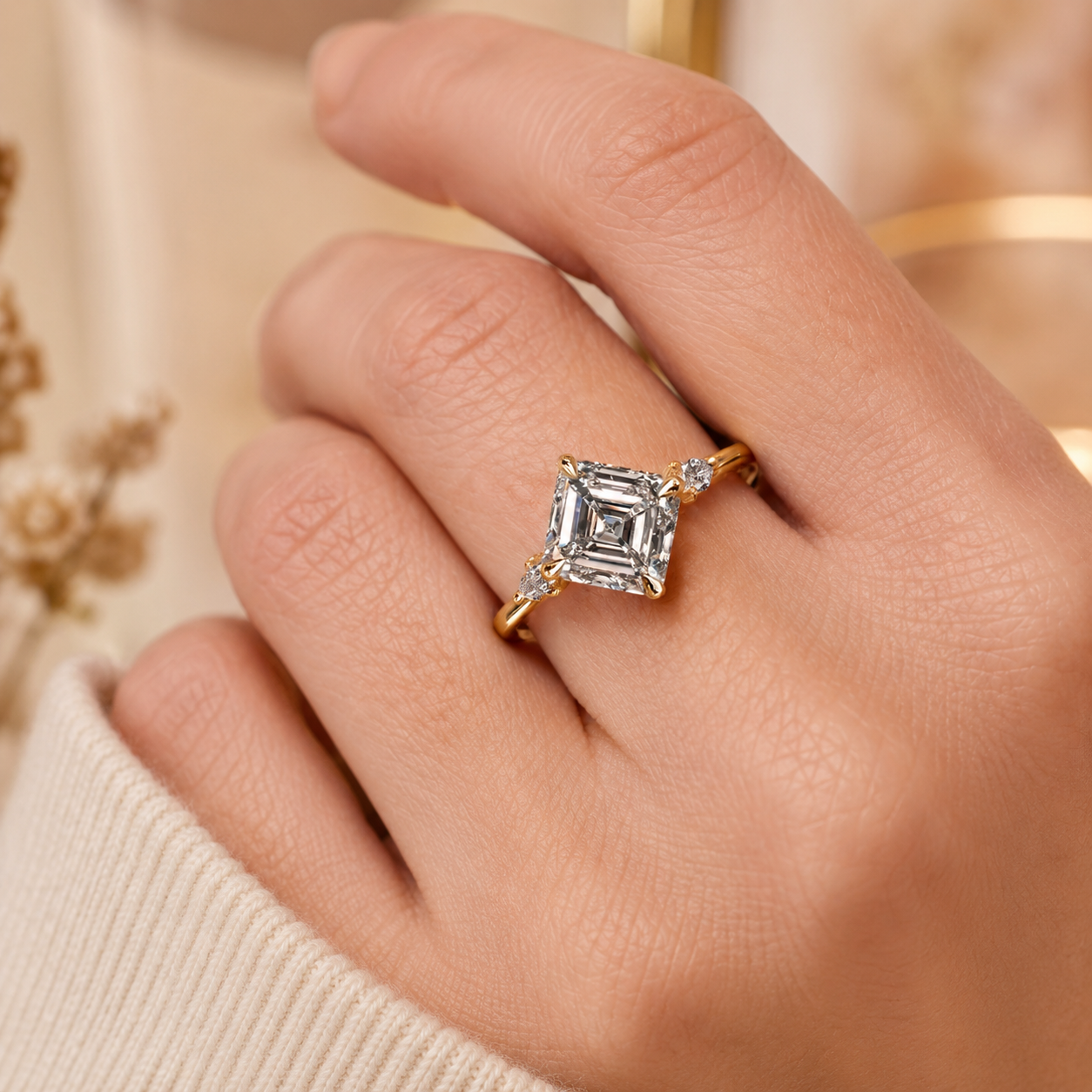 2.00 CT Asscher Cut Lab-Grown Diamond Three Stone Engagement Ring in 14K White Gold – Bezel Set IGI Certified Design