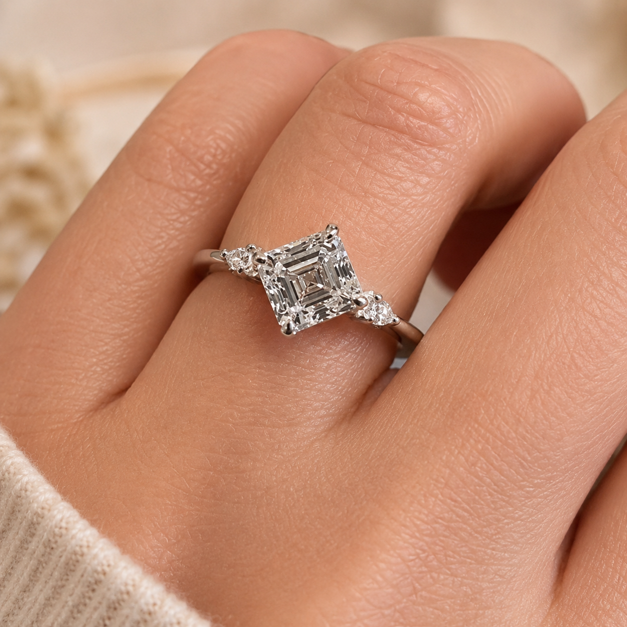 2.00 CT Asscher Cut Lab-Grown Diamond Three Stone Engagement Ring in 14K White Gold – Bezel Set IGI Certified Design