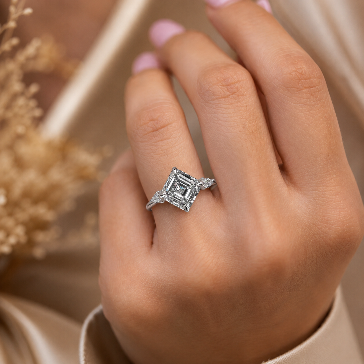 2.00 CT Asscher Cut Lab-Grown Diamond Three Stone Engagement Ring in 14K White Gold – Bezel Set IGI Certified Design