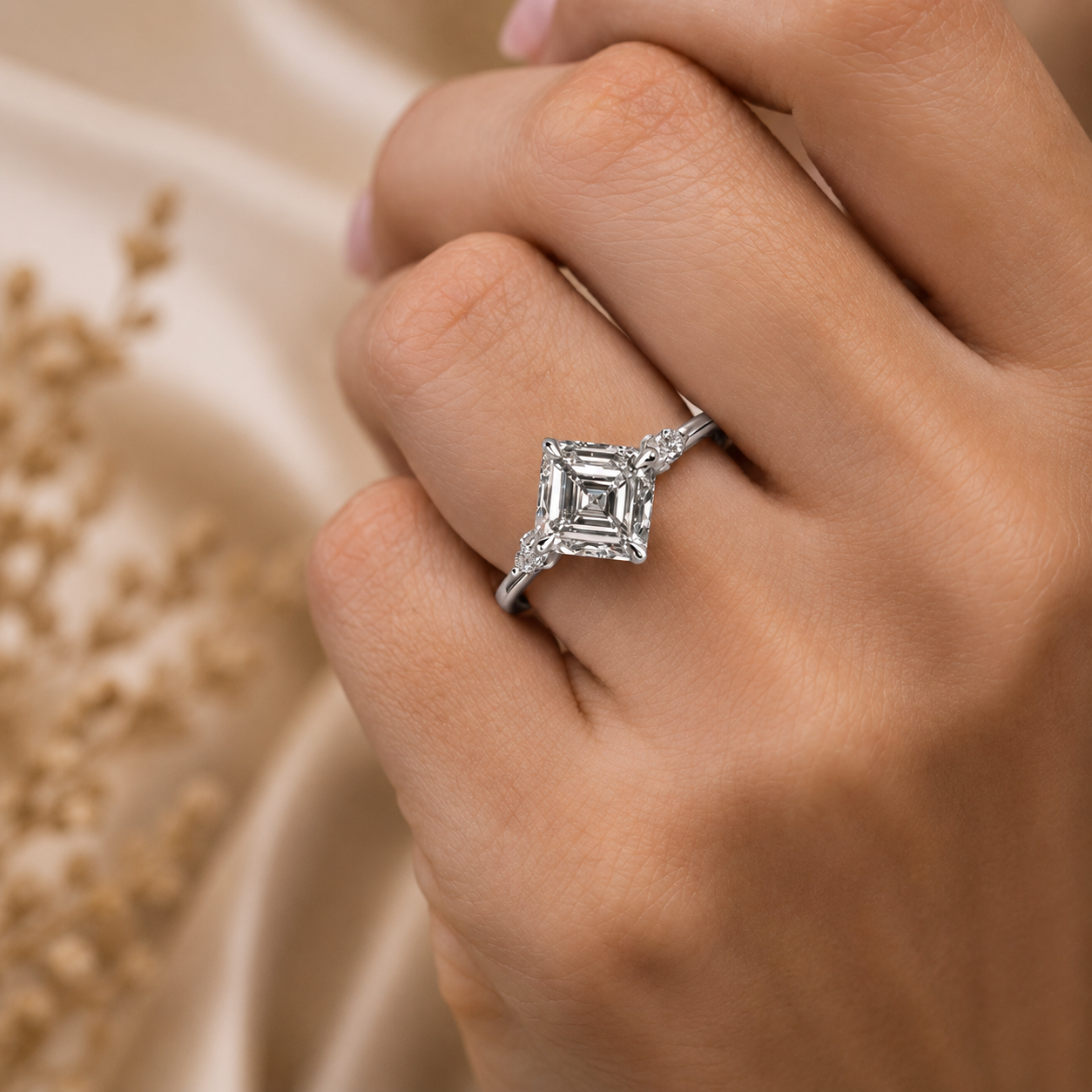 2.00 CT Asscher Cut Lab-Grown Diamond Three Stone Engagement Ring in 14K White Gold – Bezel Set IGI Certified Design