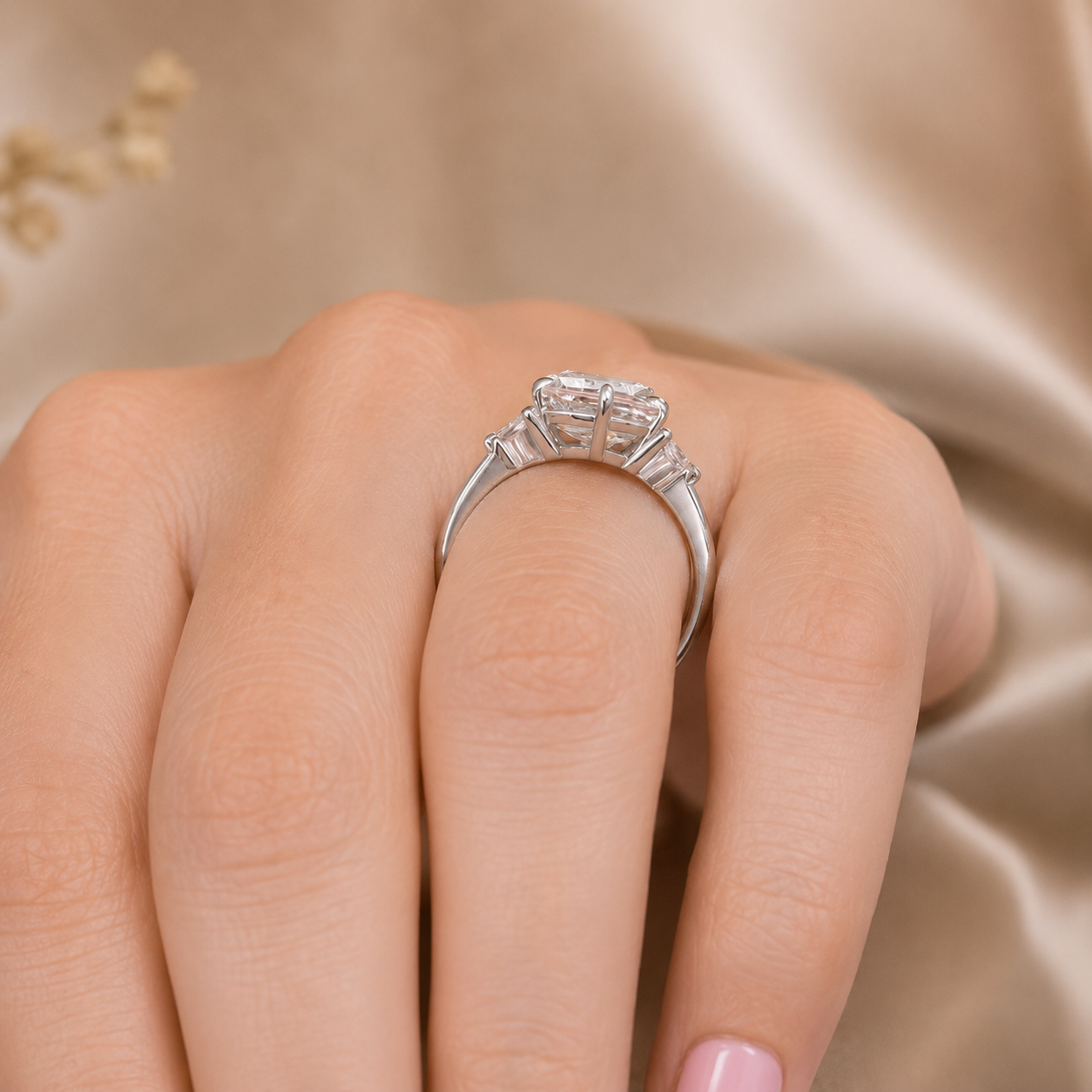 2.00 CT Asscher Cut Lab-Grown Diamond Three Stone Engagement Ring in 14K White Gold – Bezel Set IGI Certified Design