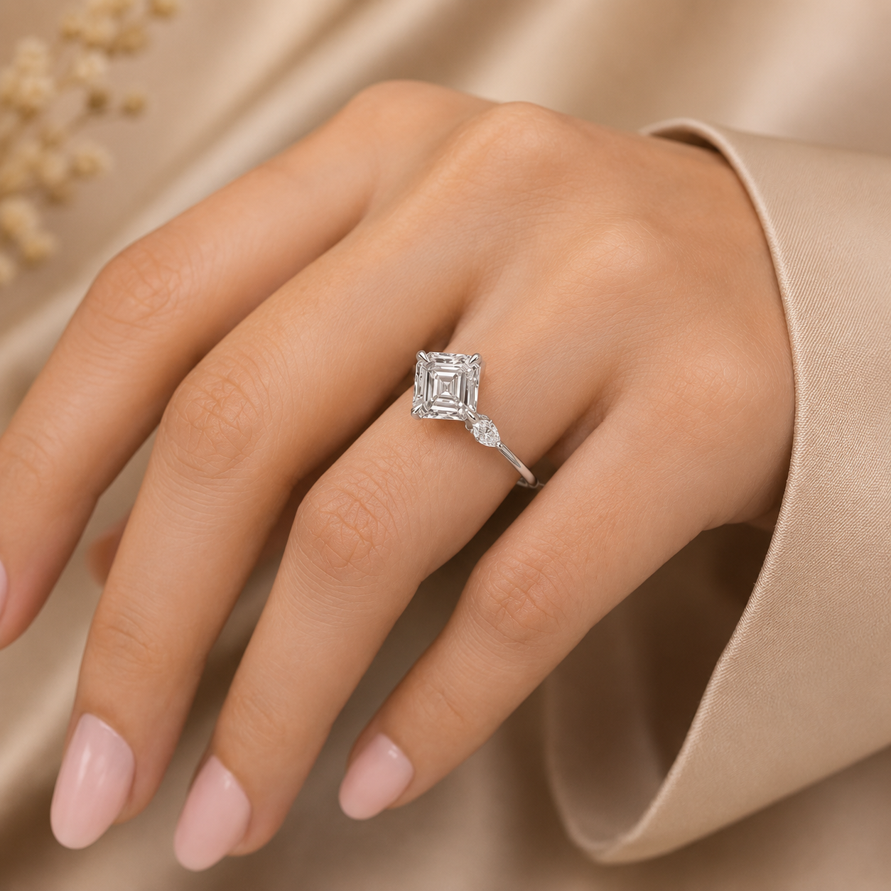 2.00 CT Asscher Cut Lab-Grown Diamond Three Stone Engagement Ring in 14K White Gold – Bezel Set IGI Certified Design