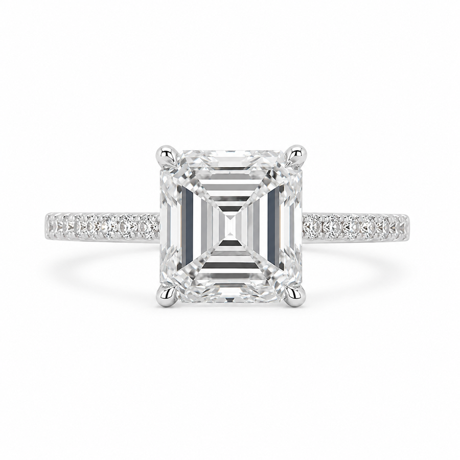 4.00 CT Asscher Cut Lab-Grown Diamond Engagement Ring in 14K White Gold – Pavé Setting Square Diamond Design