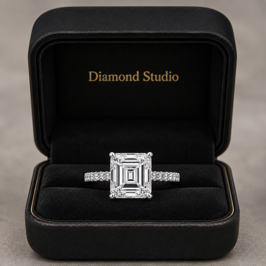 4.00 CT Asscher Cut Lab-Grown Diamond Engagement Ring in 14K White Gold – Pavé Setting Square Diamond Design