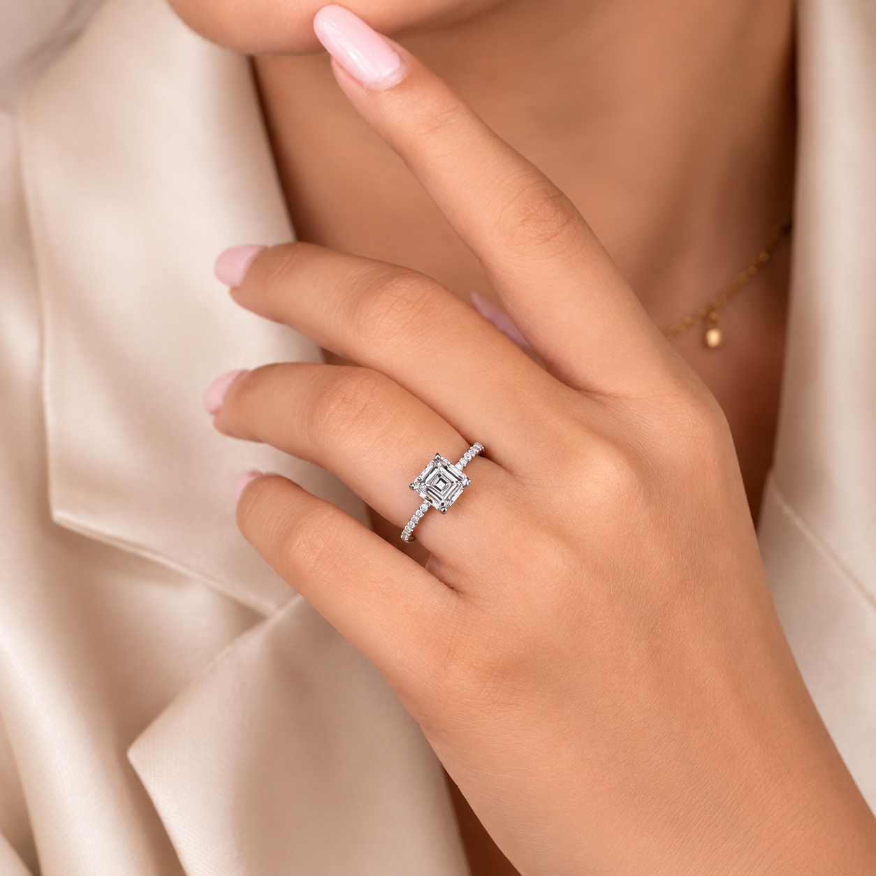 4.00 CT Asscher Cut Lab-Grown Diamond Engagement Ring in 14K White Gold – Pavé Setting Square Diamond Design