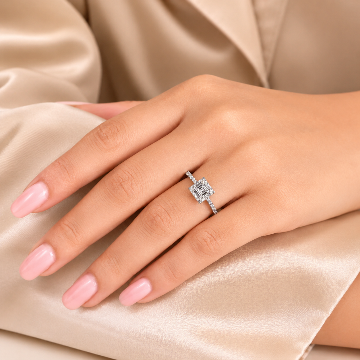4.00 CT Asscher Cut Lab-Grown Diamond Engagement Ring in 14K White Gold – Pavé Setting Square Diamond Design