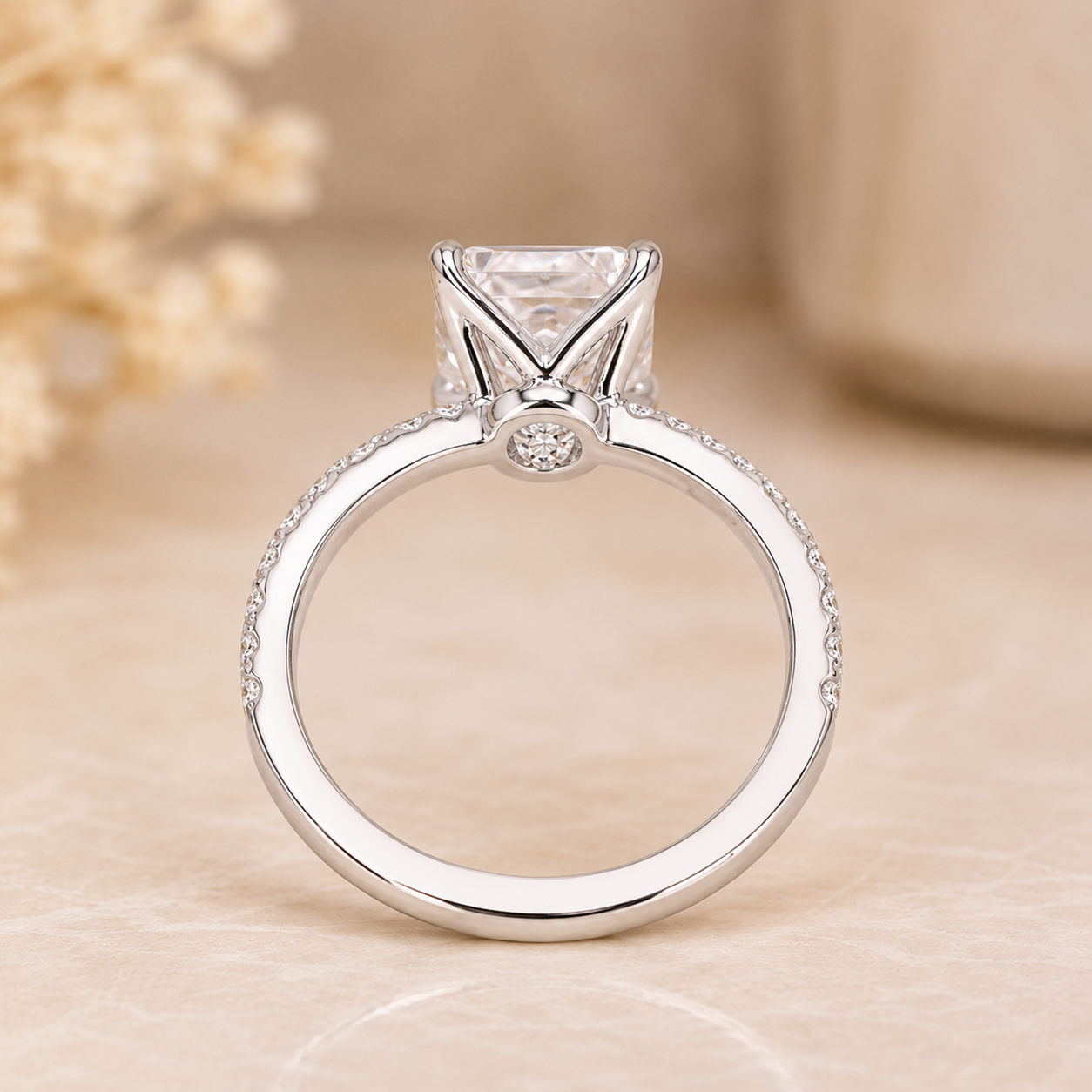 4.00 CT Asscher Cut Lab-Grown Diamond Engagement Ring in 14K White Gold – Pavé Setting Square Diamond Design