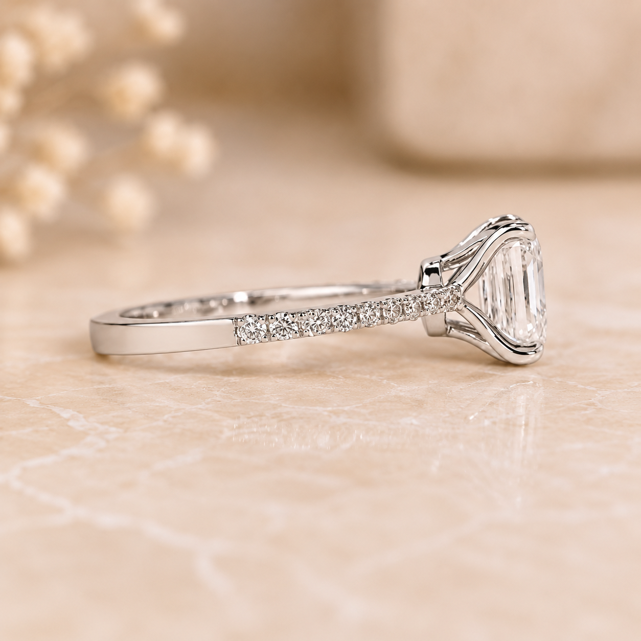 4.00 CT Asscher Cut Lab-Grown Diamond Engagement Ring in 14K White Gold – Pavé Setting Square Diamond Design